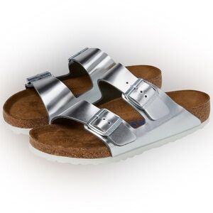 Birkenstock Arizona Women’s Metallic Silver Soft Footbed Sandals Sz US 5 EU 36